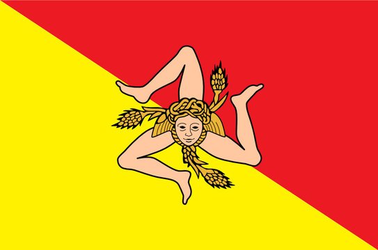 Die Flagge Siziliens mit der Trinacria, auch Dreibein genannt.